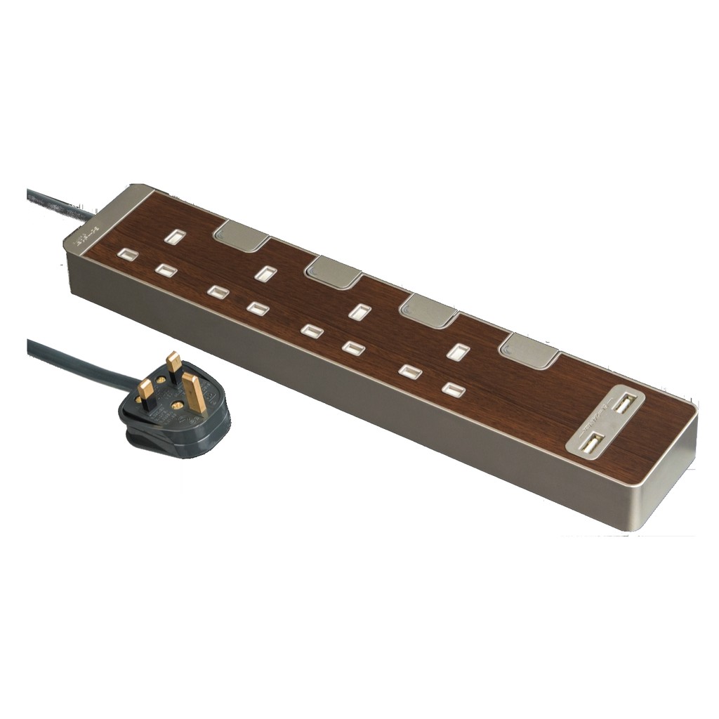 Trailing socket, AvatarOn, with individual switch & USB, 6 gang, 3M, wood