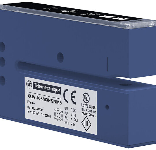 Photoelectric sensors XU, ultrasonic sensor label fork 60x3, 12...24 V DC, PNP/NPN NO/ NC connect M8